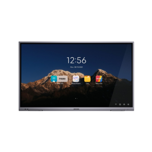 Large touchscreen display with mountain background